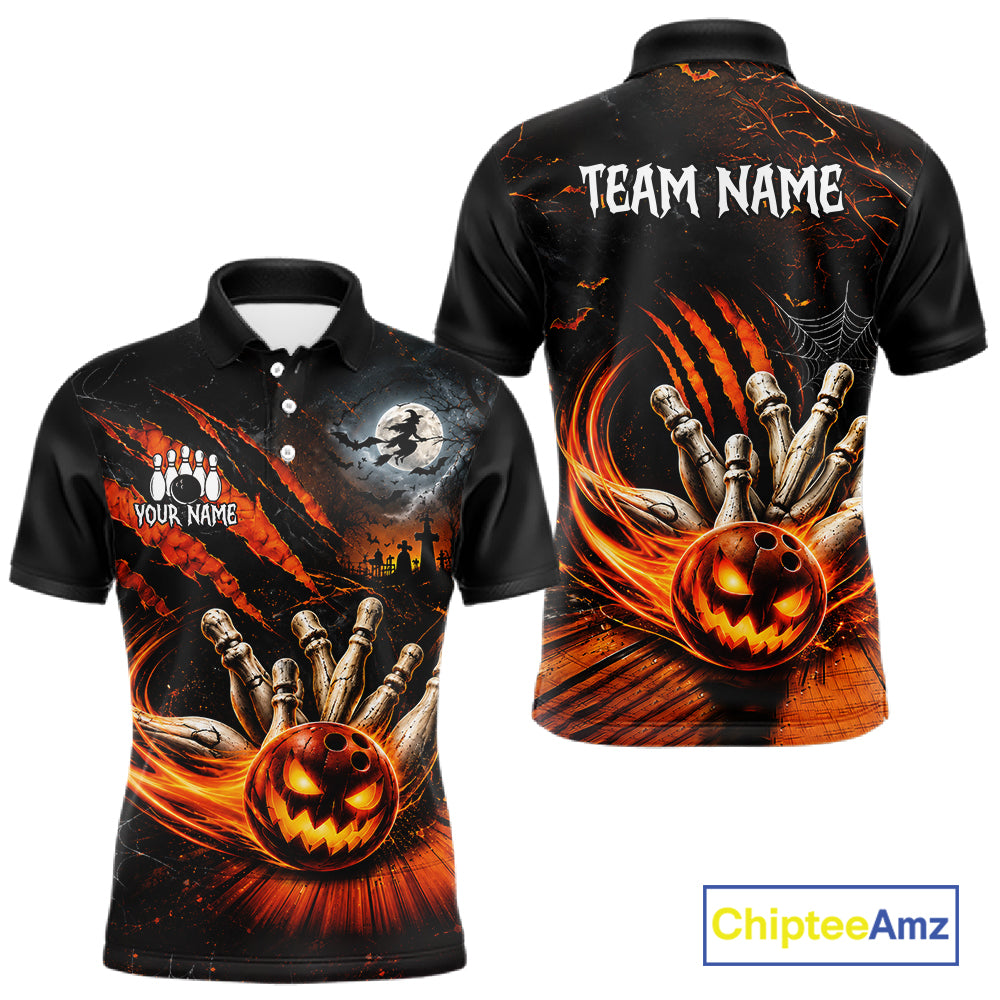 Funny Halloween Mens Bowling Polo Shirt Skull Pattern Custom Name Bowling Team Jerseys NBT1010