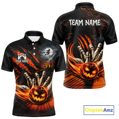 Funny Halloween Mens Bowling Polo Shirt Skull Pattern Custom Name Bowling Team Jerseys NBT1010