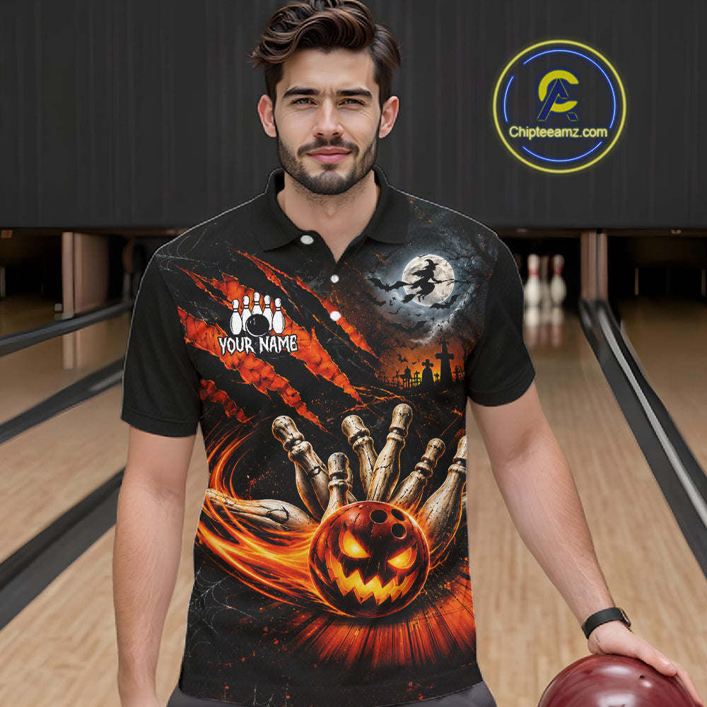 Funny Halloween Mens Bowling Polo Shirt Skull Pattern Custom Name Bowling Team Jerseys NBT1010