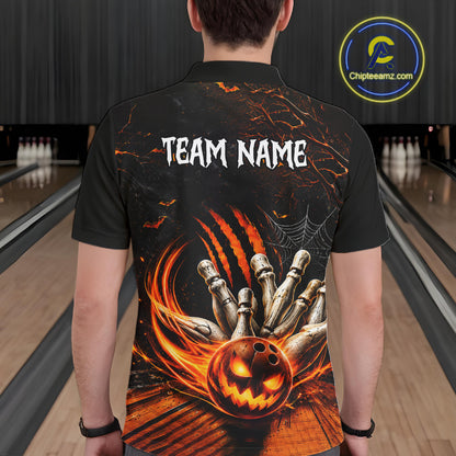 Funny Halloween Mens Bowling Polo Shirt Skull Pattern Custom Name Bowling Team Jerseys NBT1010