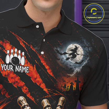 Funny Halloween Mens Bowling Polo Shirt Skull Pattern Custom Name Bowling Team Jerseys NBT1010
