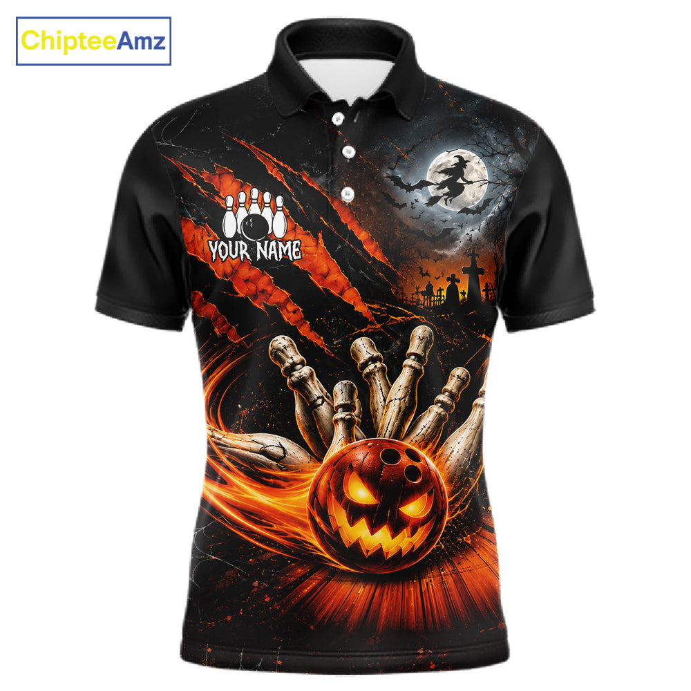 Funny Halloween Mens Bowling Polo Shirt Skull Pattern Custom Name Bowling Team Jerseys NBT1010