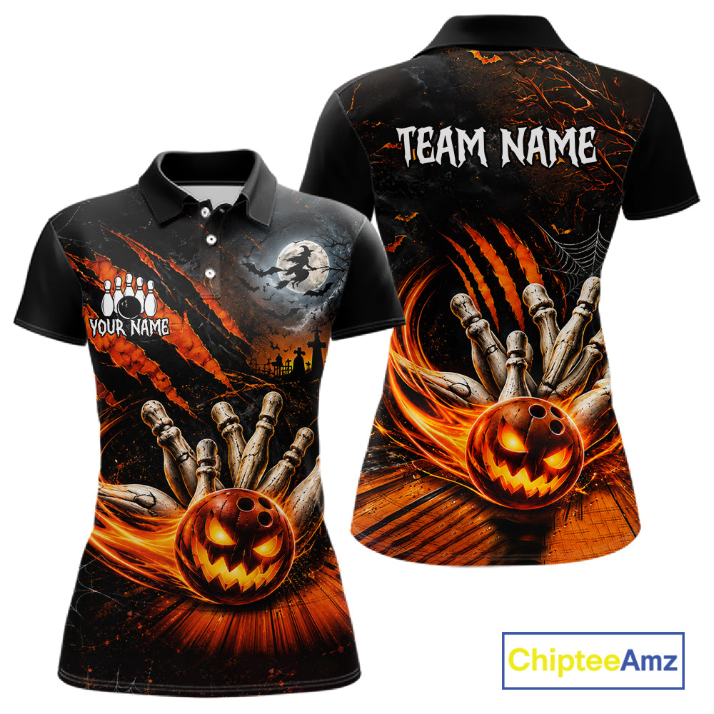 Funny Halloween Womens Bowling Polo Shirt Skull Pattern Custom Name Bowling Team Jerseys NBT1010