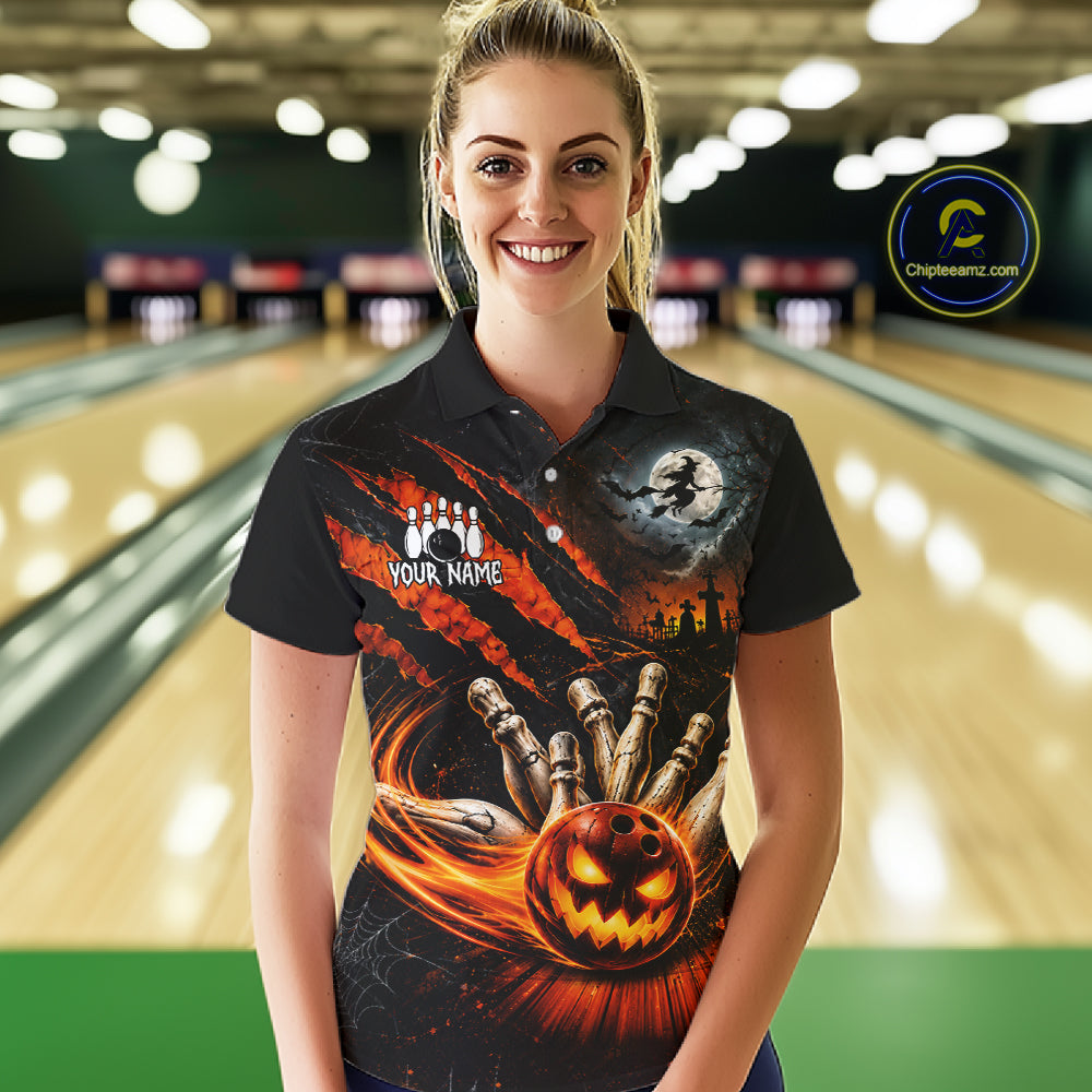 Funny Halloween Womens Bowling Polo Shirt Skull Pattern Custom Name Bowling Team Jerseys NBT1010