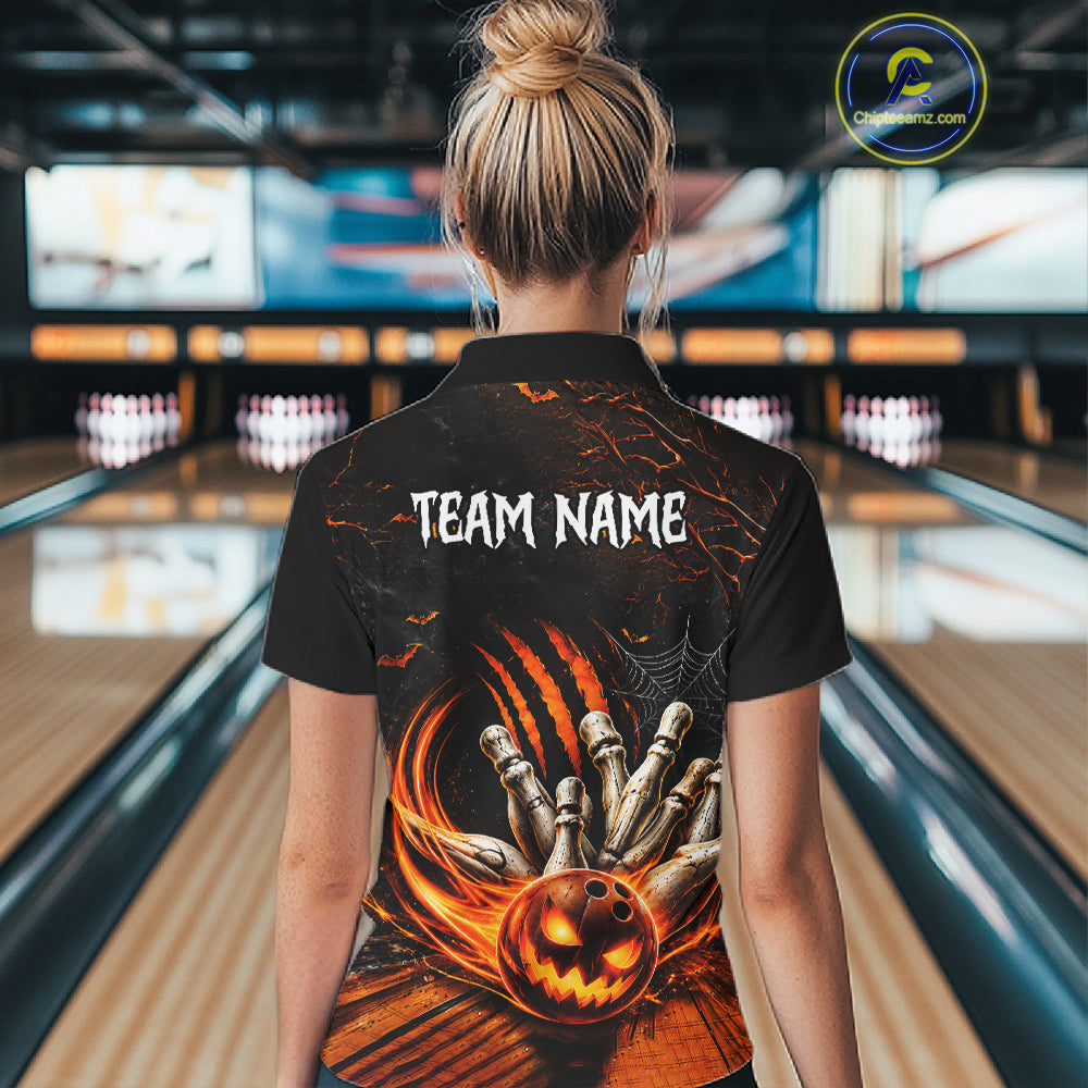 Funny Halloween Womens Bowling Polo Shirt Skull Pattern Custom Name Bowling Team Jerseys NBT1010