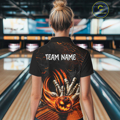 Funny Halloween Womens Bowling Polo Shirt Skull Pattern Custom Name Bowling Team Jerseys NBT1010