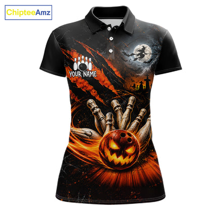 Funny Halloween Womens Bowling Polo Shirt Skull Pattern Custom Name Bowling Team Jerseys NBT1010