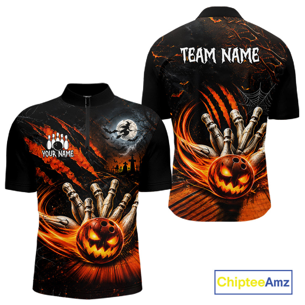 Funny Halloween Mens Bowling Polo Shirt Skull Pattern Custom Name Bowling Team Jerseys NBT1010