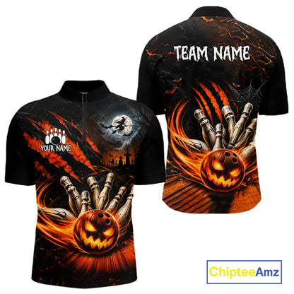 Funny Halloween Mens Bowling Polo Shirt Skull Pattern Custom Name Bowling Team Jerseys NBT1010