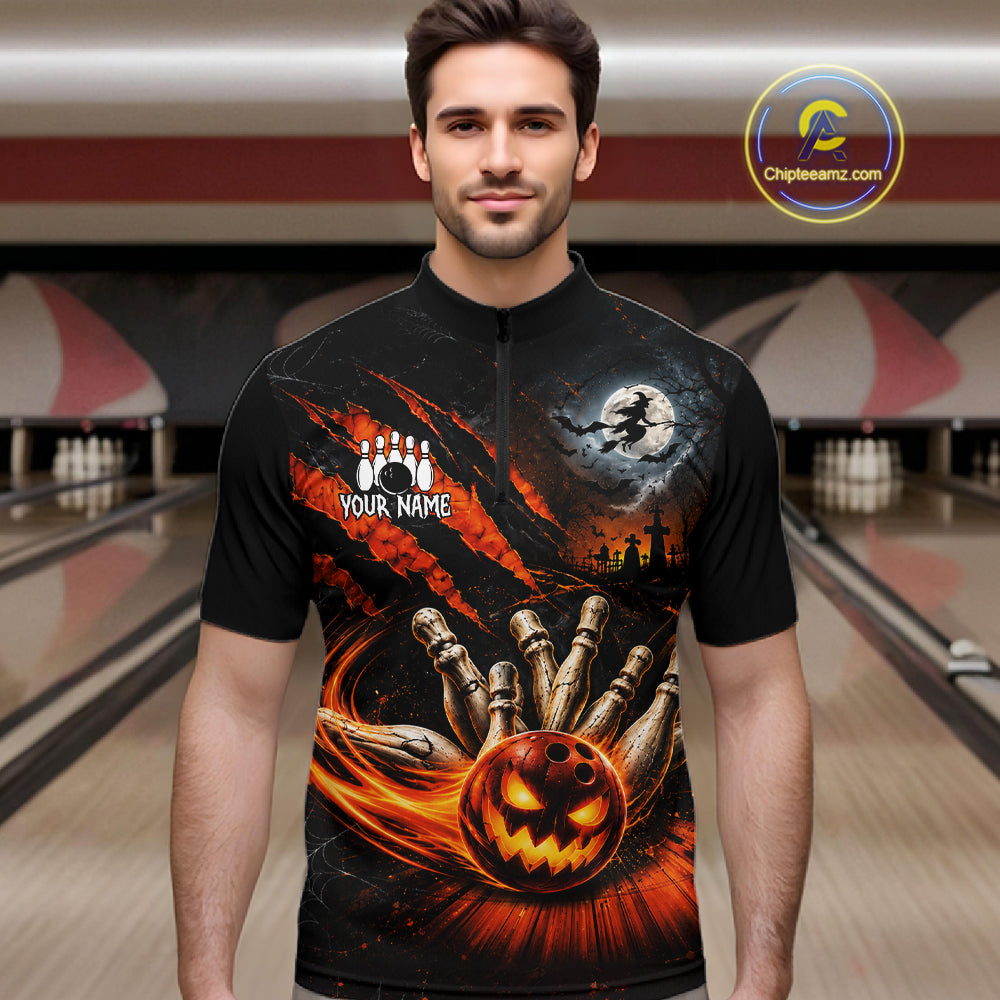Funny Halloween Mens Bowling Polo Shirt Skull Pattern Custom Name Bowling Team Jerseys NBT1010