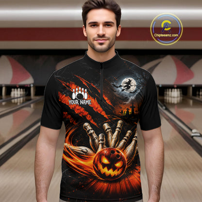 Funny Halloween Mens Bowling Polo Shirt Skull Pattern Custom Name Bowling Team Jerseys NBT1010