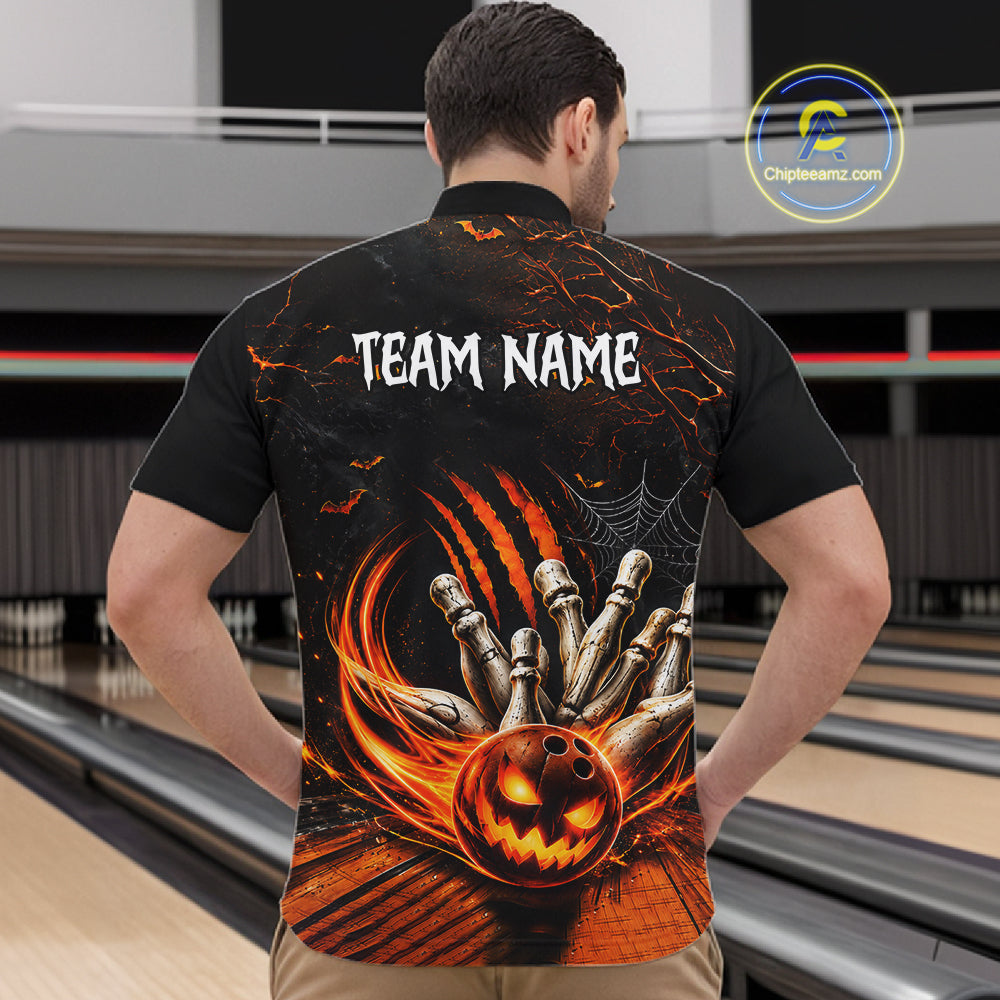 Funny Halloween Mens Bowling Polo Shirt Skull Pattern Custom Name Bowling Team Jerseys NBT1010