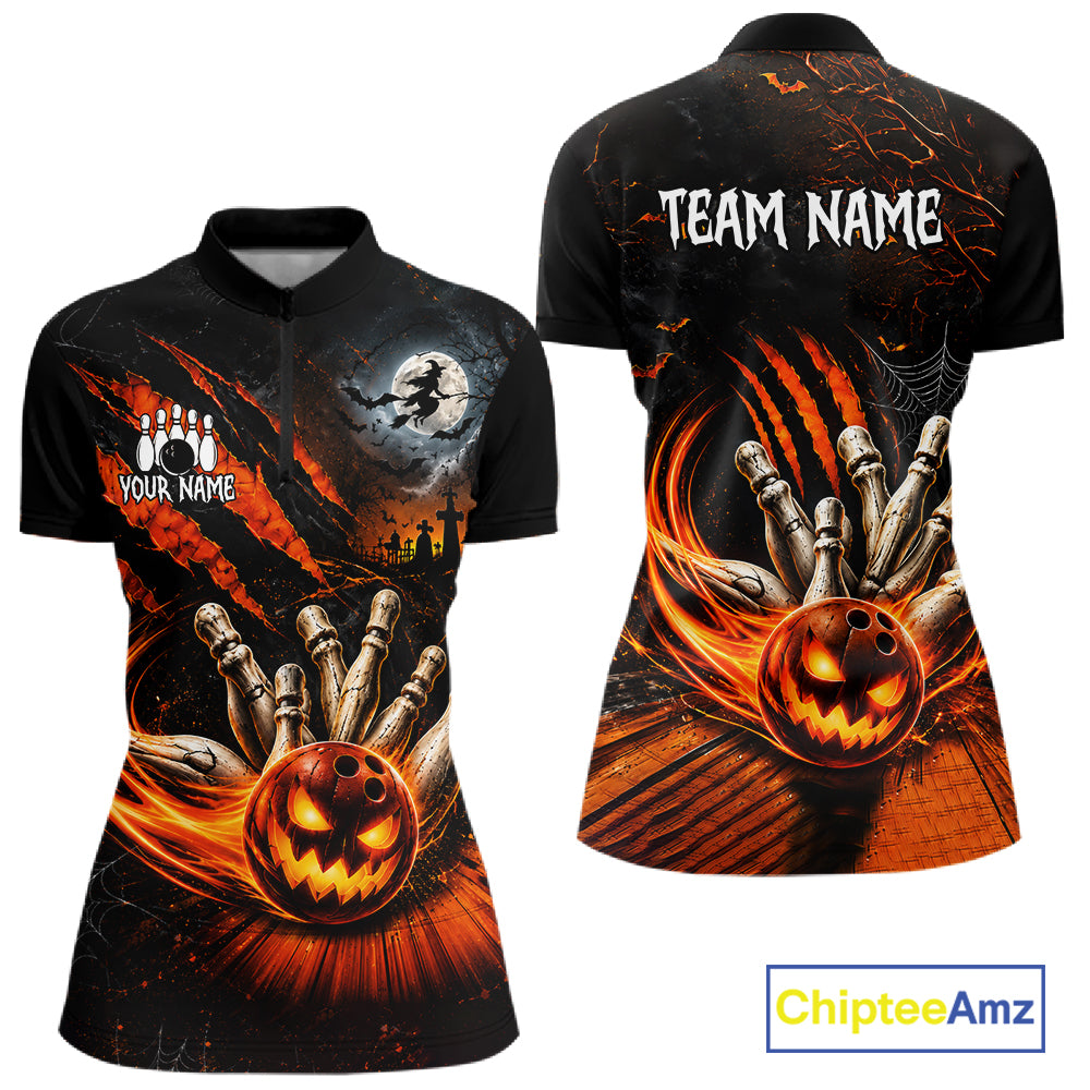 Funny Halloween Womens Bowling Polo Shirt Skull Pattern Custom Name Bowling Team Jerseys NBT1010