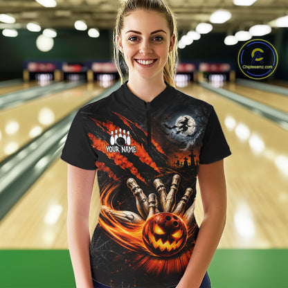 Funny Halloween Womens Bowling Polo Shirt Skull Pattern Custom Name Bowling Team Jerseys NBT1010