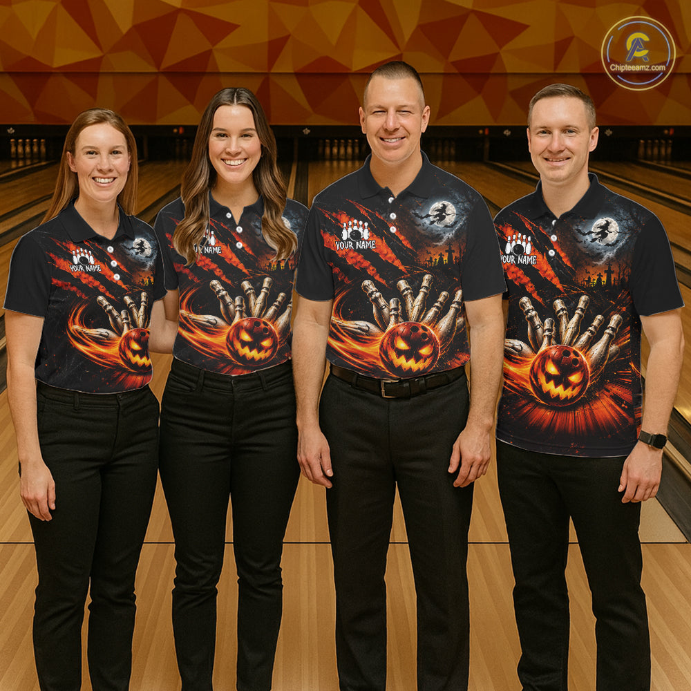 Funny Halloween Mens Bowling Polo Shirt Skull Pattern Custom Name Bowling Team Jerseys NBT1010
