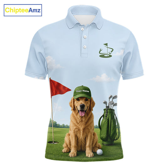 Light blue polo shirt with a golden retriever on a golf course design, featuring a red flag and golf bag.