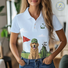 Load image into Gallery viewer, Woman wearing a white polo shirt with a dog and golf themed design.