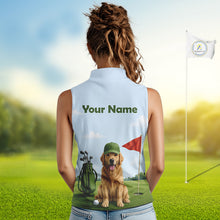 Load image into Gallery viewer, Woman wearing a sleeveless shirt with a dog and golf course design on a golf course.