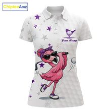 Load image into Gallery viewer, White womens polo shirt with pink flamingo design and customizable text on a white background