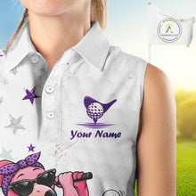 Load image into Gallery viewer, White sleeveless shirt with golf-themed designs and 'Your Name' text on a blurred golf course background.