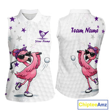 Load image into Gallery viewer, Two golf shirts with a pink flamingo design and 'Team Name' text on a white background.