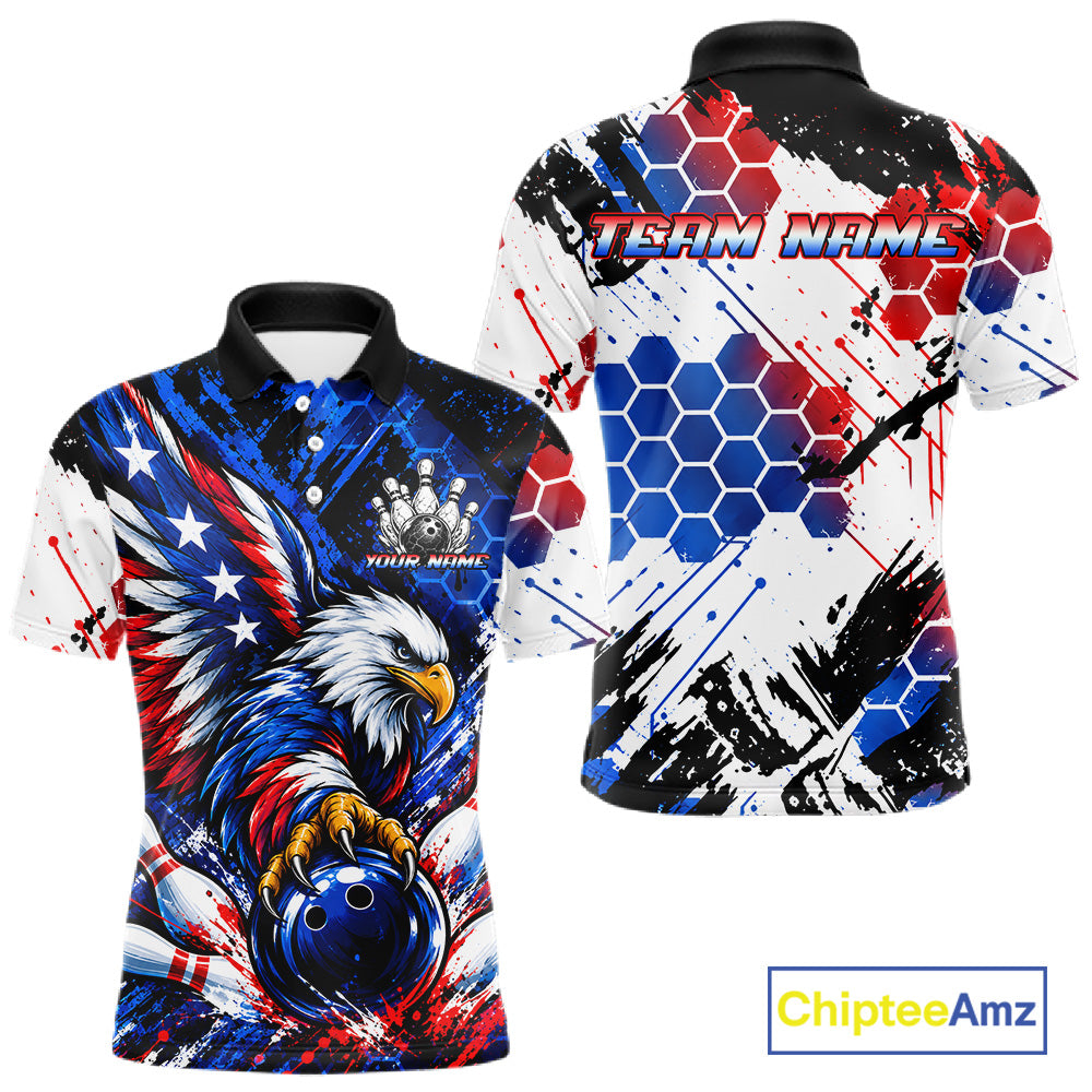Custom American Flag Eagle Bowling Team Men Polo & 1/4 Zip Shirts, Patriotic US Bowling League Shirt NBT1089