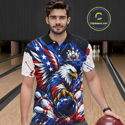Custom American Flag Eagle Bowling Team Men Polo & 1/4 Zip Shirts, Patriotic US Bowling League Shirt NBT1089