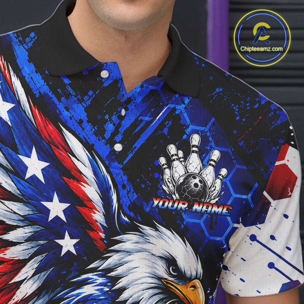 Custom American Flag Eagle Bowling Team Men Polo & 1/4 Zip Shirts, Patriotic US Bowling League Shirt NBT1089