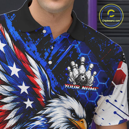 Custom American Flag Eagle Bowling Team Men Polo & 1/4 Zip Shirts, Patriotic US Bowling League Shirt NBT1089
