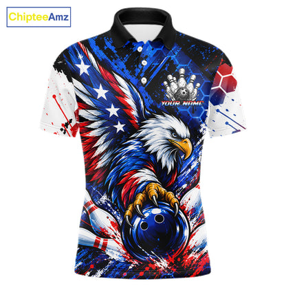 Custom American Flag Eagle Bowling Team Men Polo & 1/4 Zip Shirts, Patriotic US Bowling League Shirt NBT1089