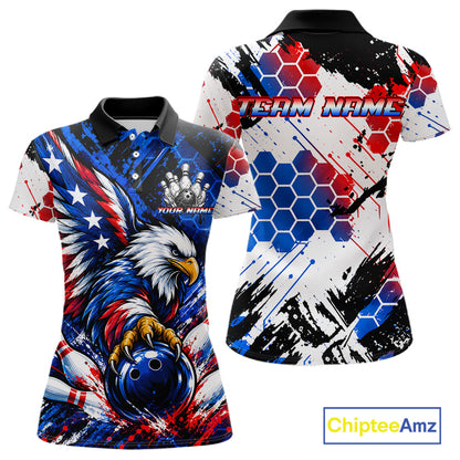 Custom American Flag Eagle Bowling Team Women Polo & 1/4 Zip Shirts, Patriotic US Bowling League Shirt NBT1089