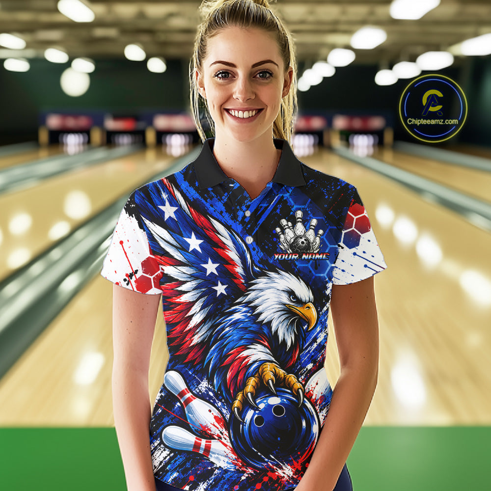 Custom American Flag Eagle Bowling Team Women Polo & 1/4 Zip Shirts, Patriotic US Bowling League Shirt NBT1089