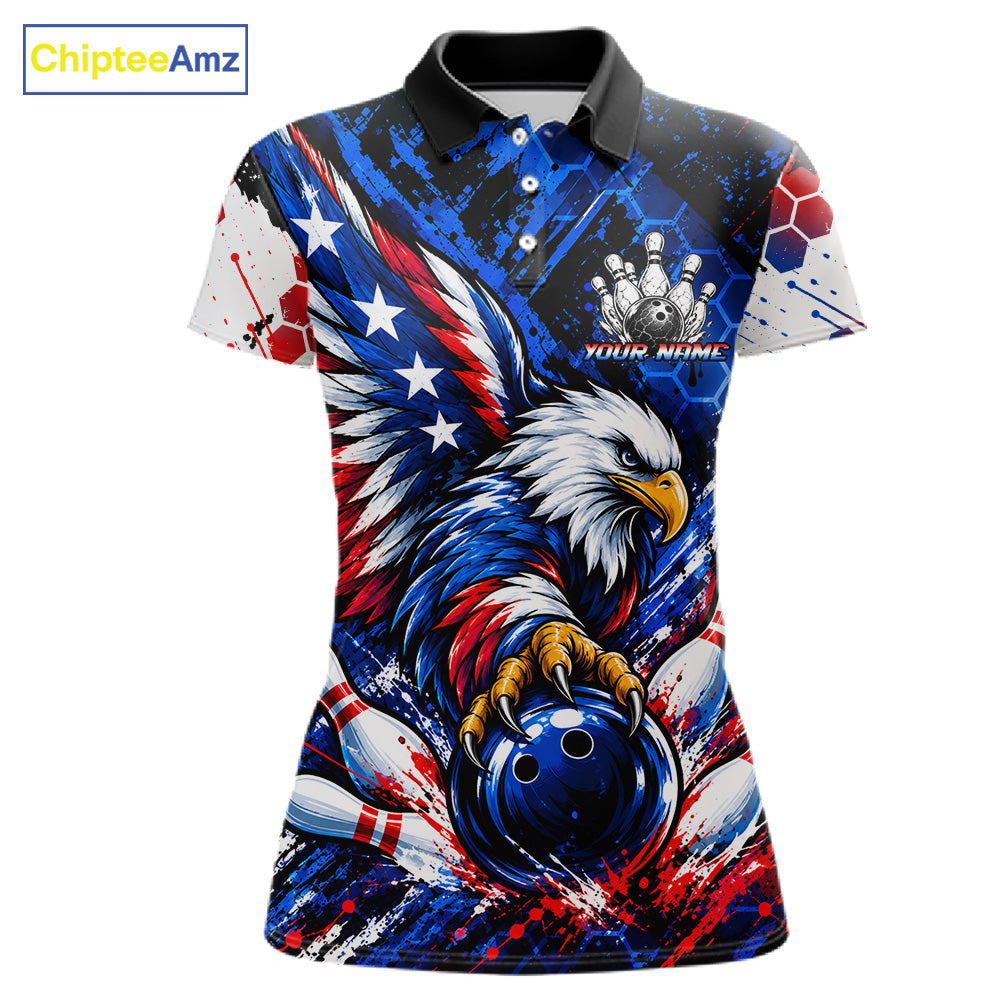 Custom American Flag Eagle Bowling Team Women Polo & 1/4 Zip Shirts, Patriotic US Bowling League Shirt NBT1089
