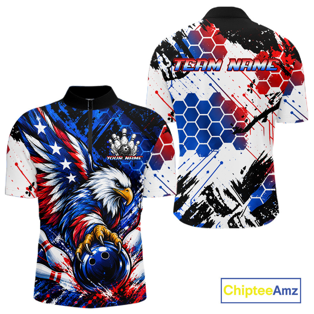 Custom American Flag Eagle Bowling Team Men Polo & 1/4 Zip Shirts, Patriotic US Bowling League Shirt NBT1089
