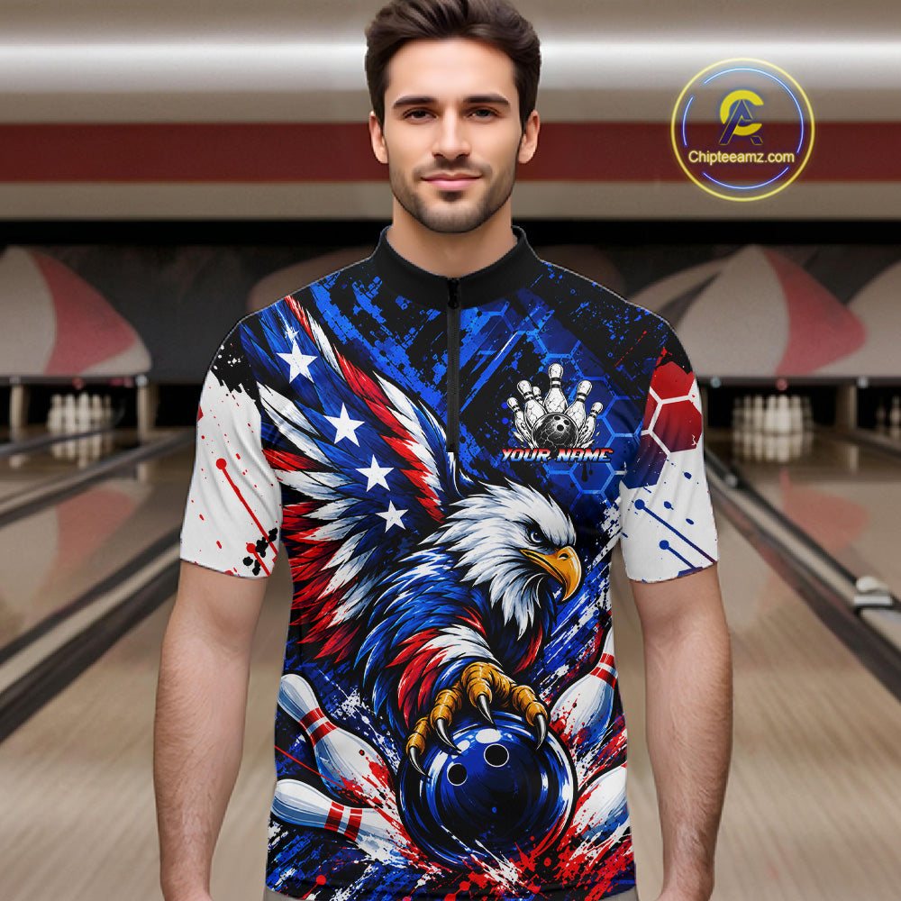 Custom American Flag Eagle Bowling Team Men Polo & 1/4 Zip Shirts, Patriotic US Bowling League Shirt NBT1089