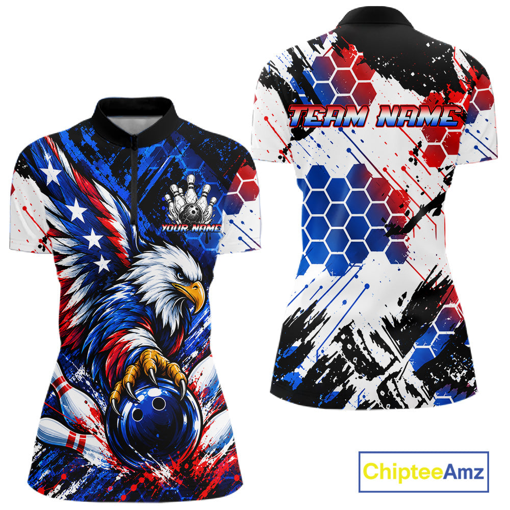 Custom American Flag Eagle Bowling Team Women Polo & 1/4 Zip Shirts, Patriotic US Bowling League Shirt NBT1089