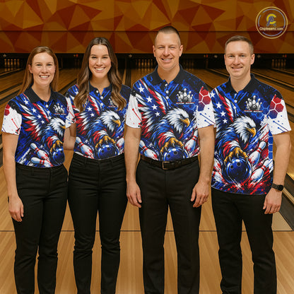 Custom American Flag Eagle Bowling Team Men Polo & 1/4 Zip Shirts, Patriotic US Bowling League Shirt NBT1089