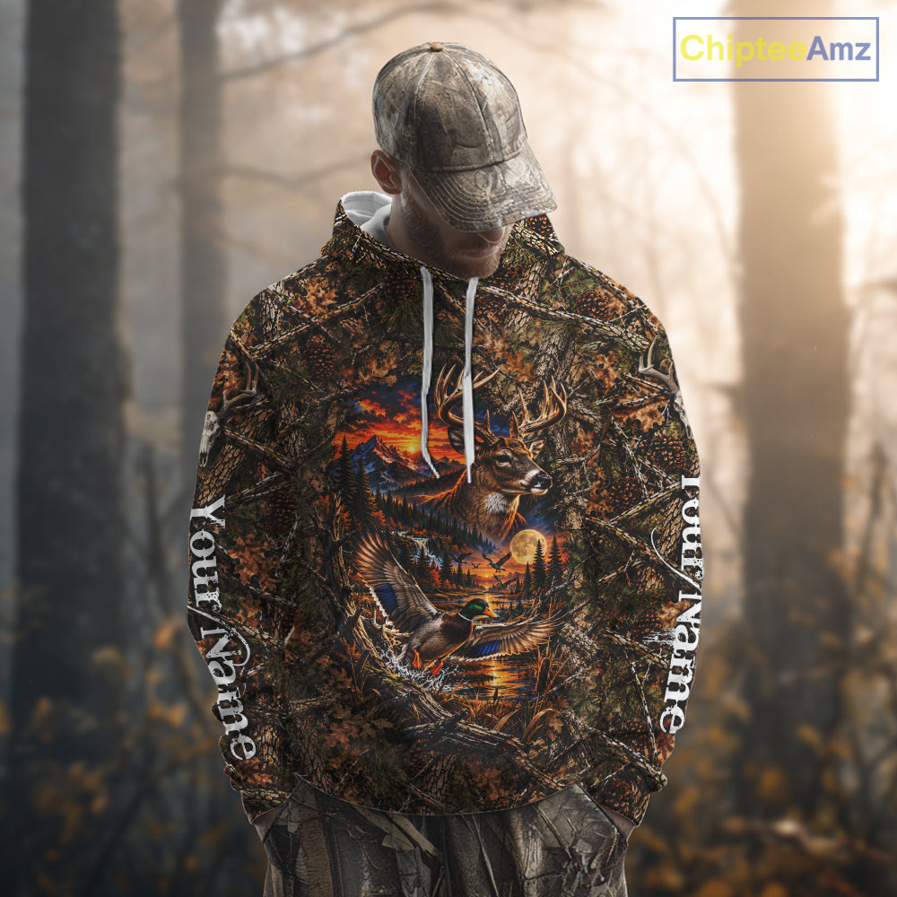 Deer And Duck Hunting Forest Camo Custom Name 3D All Over Print Shirts, Hunting Gifts For Men NBT1221