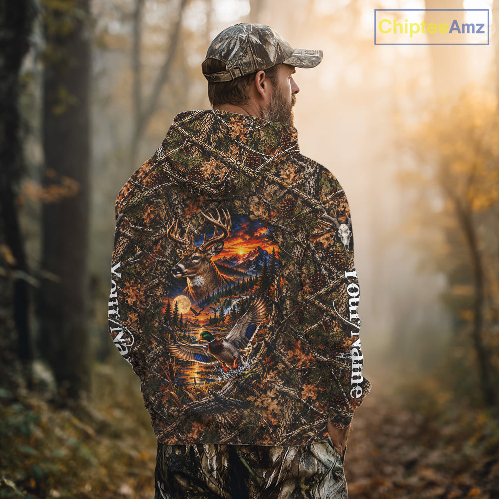 Deer And Duck Hunting Forest Camo Custom Name 3D All Over Print Shirts, Hunting Gifts For Men NBT1221
