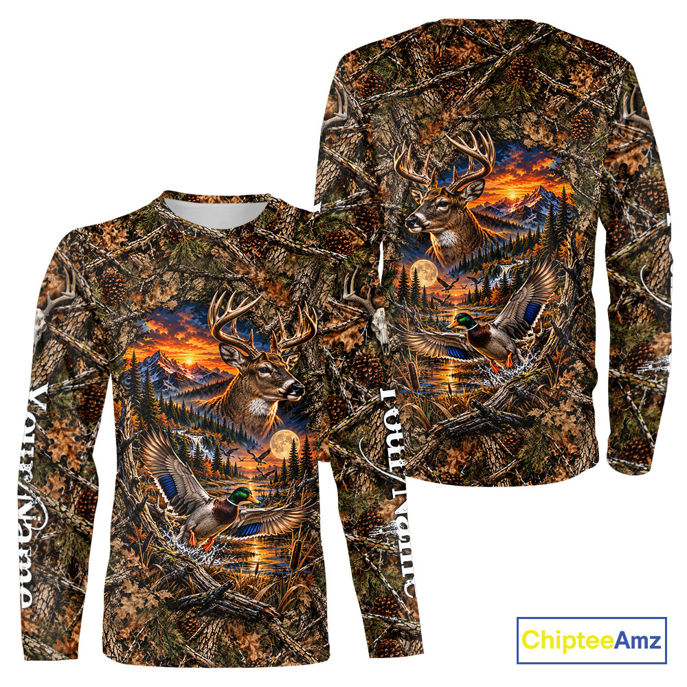 Deer And Duck Hunting Forest Camo Custom Name 3D All Over Print Shirts, Hunting Gifts For Men NBT1221