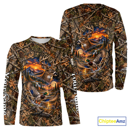 Deer And Duck Hunting Forest Camo Custom Name 3D All Over Print Shirts, Hunting Gifts For Men NBT1221