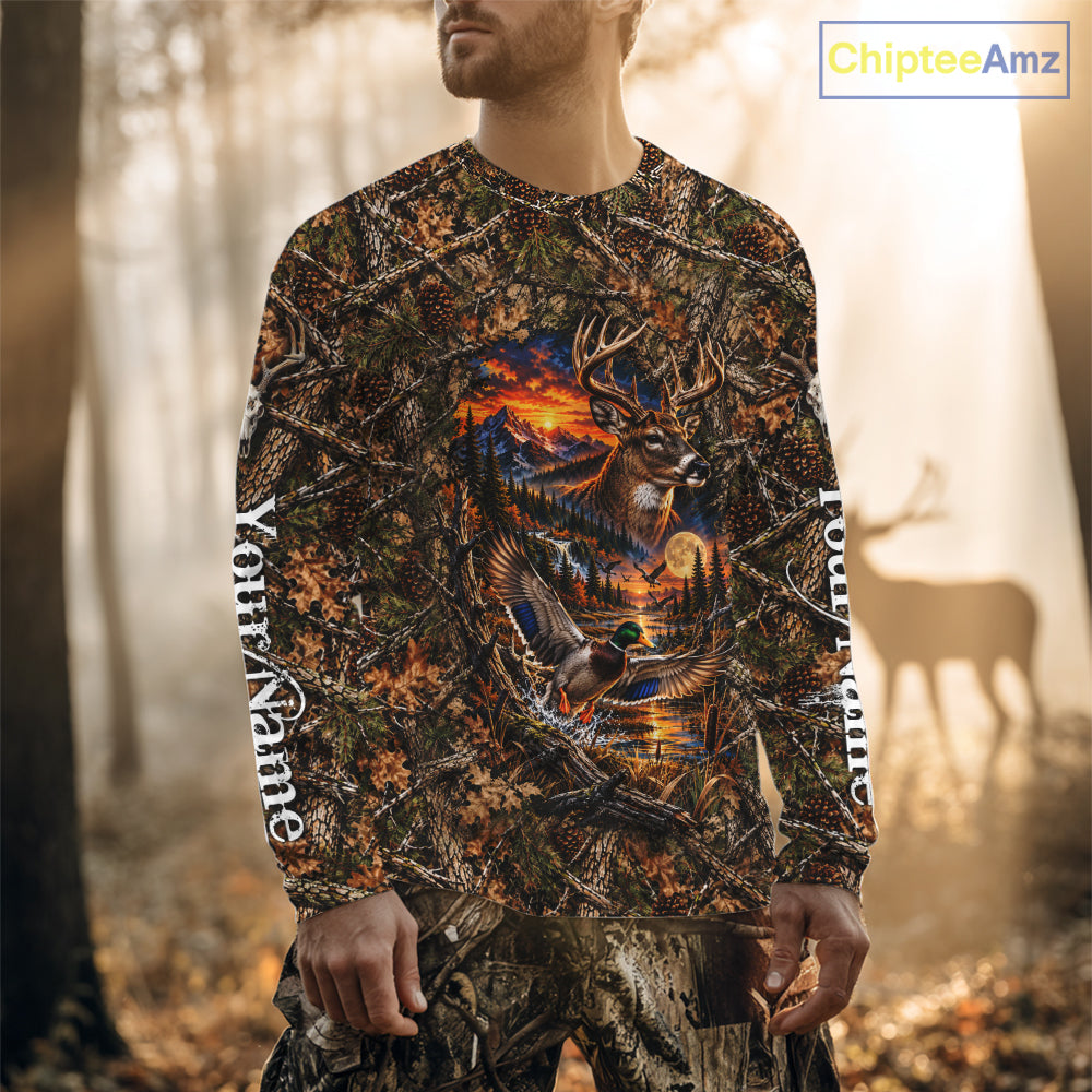 Deer And Duck Hunting Forest Camo Custom Name 3D All Over Print Shirts, Hunting Gifts For Men NBT1221