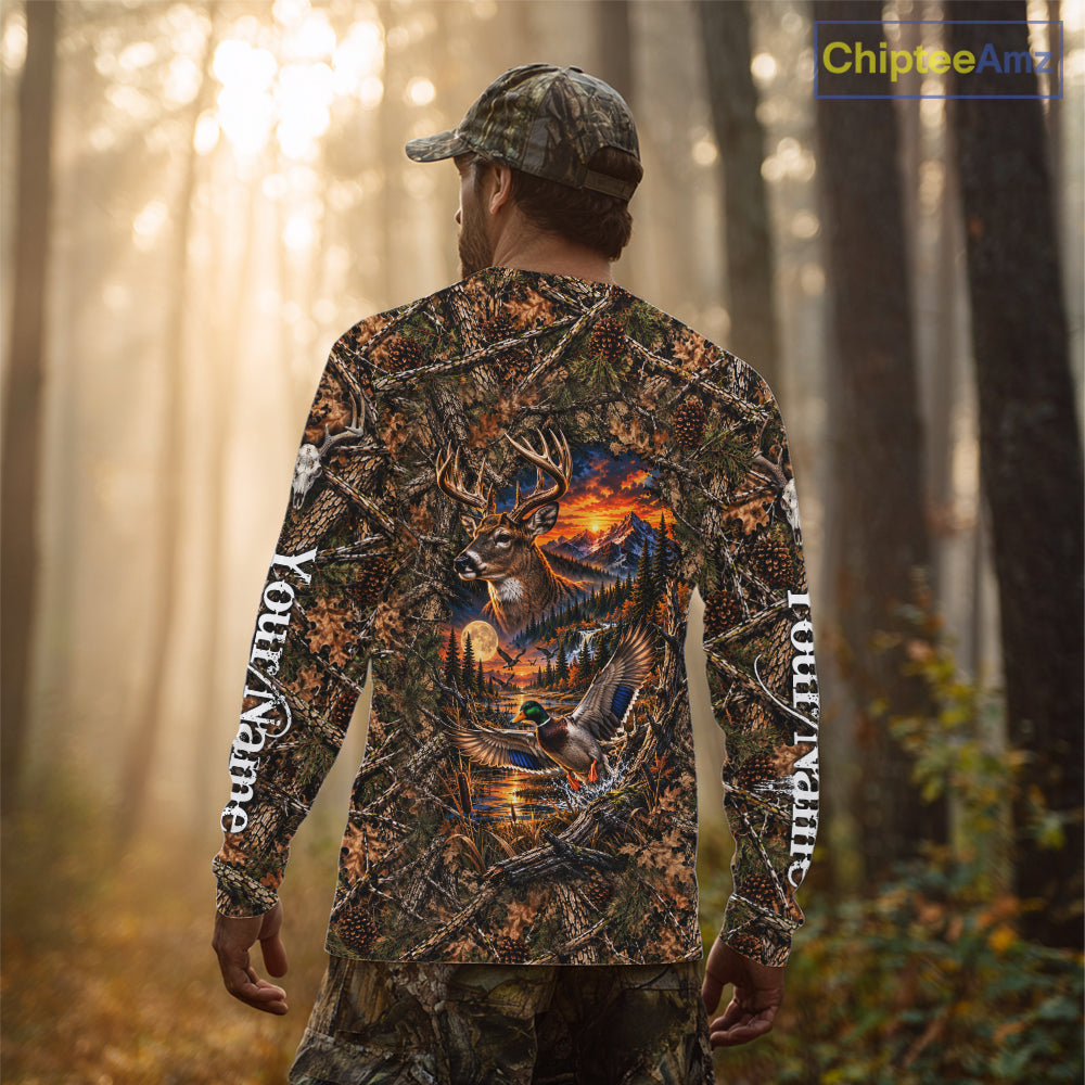 Deer And Duck Hunting Forest Camo Custom Name 3D All Over Print Shirts, Hunting Gifts For Men NBT1221