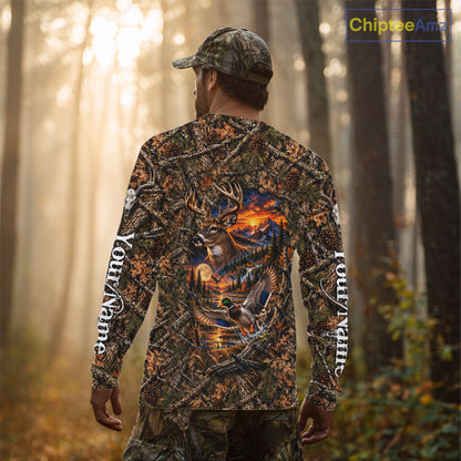Deer And Duck Hunting Forest Camo Custom Name 3D All Over Print Shirts, Hunting Gifts For Men NBT1221