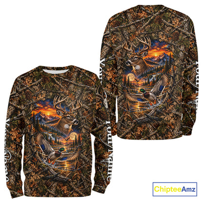 Deer And Duck Hunting Forest Camo Custom Name 3D All Over Print Shirts, Hunting Gifts For Men NBT1221