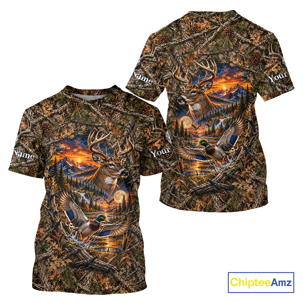 Deer And Duck Hunting Forest Camo Custom Name 3D All Over Print Shirts, Hunting Gifts For Men NBT1221