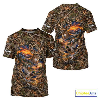 Deer And Duck Hunting Forest Camo Custom Name 3D All Over Print Shirts, Hunting Gifts For Men NBT1221