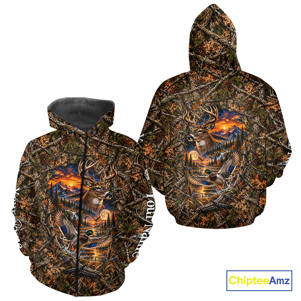 Deer And Duck Hunting Forest Camo Custom Name 3D All Over Print Shirts, Hunting Gifts For Men NBT1221