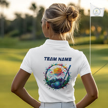 Load image into Gallery viewer, Womens Golf Polo Shirt Watercolor Golfer Golf Pattern Custom Name White Golf Shirt, Golf Gifts NBT685