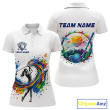 Load image into Gallery viewer, Womens Golf Polo Shirt Watercolor Golfer Golf Pattern Custom Name White Golf Shirt, Golf Gifts NBT685